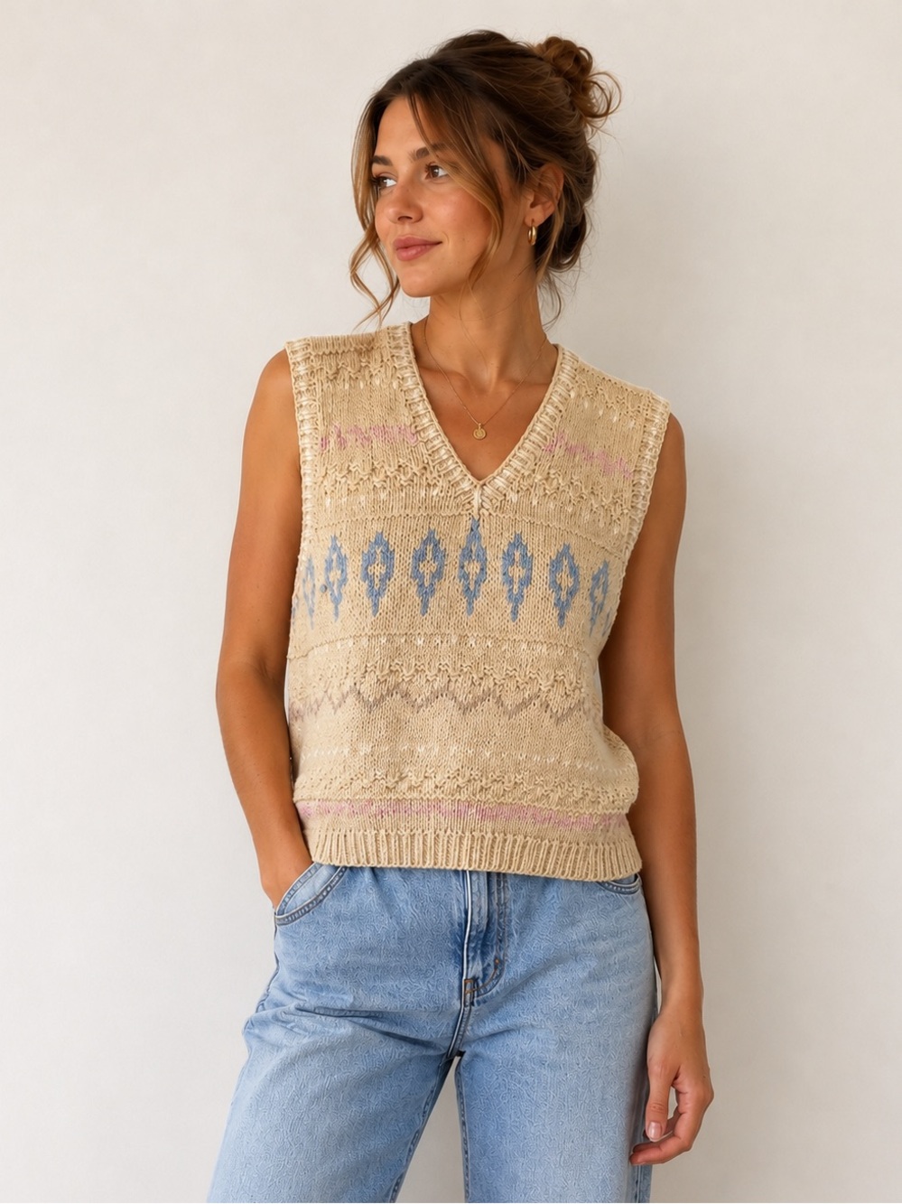 Vintage J.G. Hook Handknit Linen Cotton Sweater Vest Medium Cottagecore
